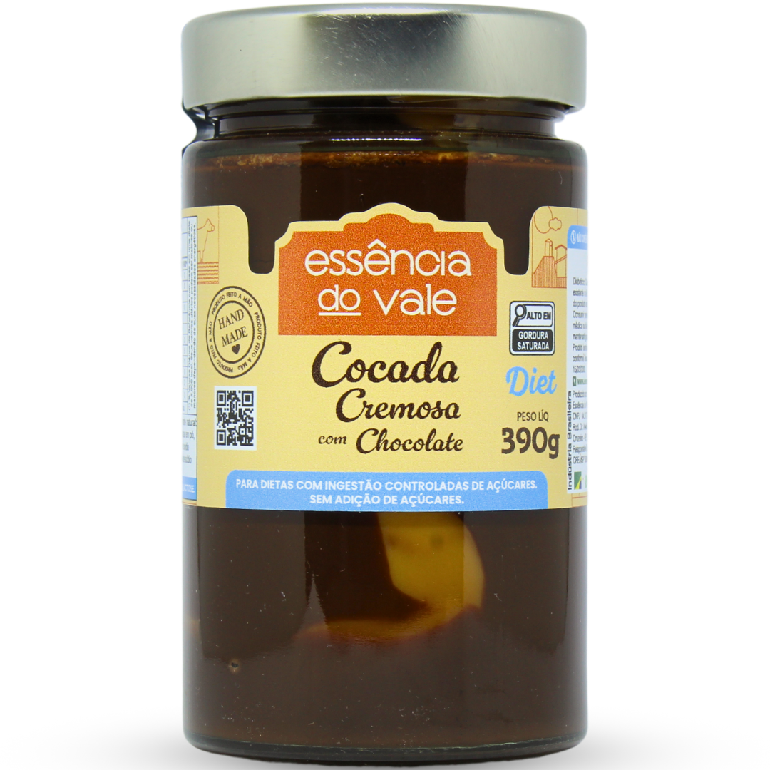 15562413602-cocada-com-chocolate-diet.png Cocada Cremosa com Chocolate Diet Sem Adição de Açúcar Essência do Vale 390g - Imagem 1
