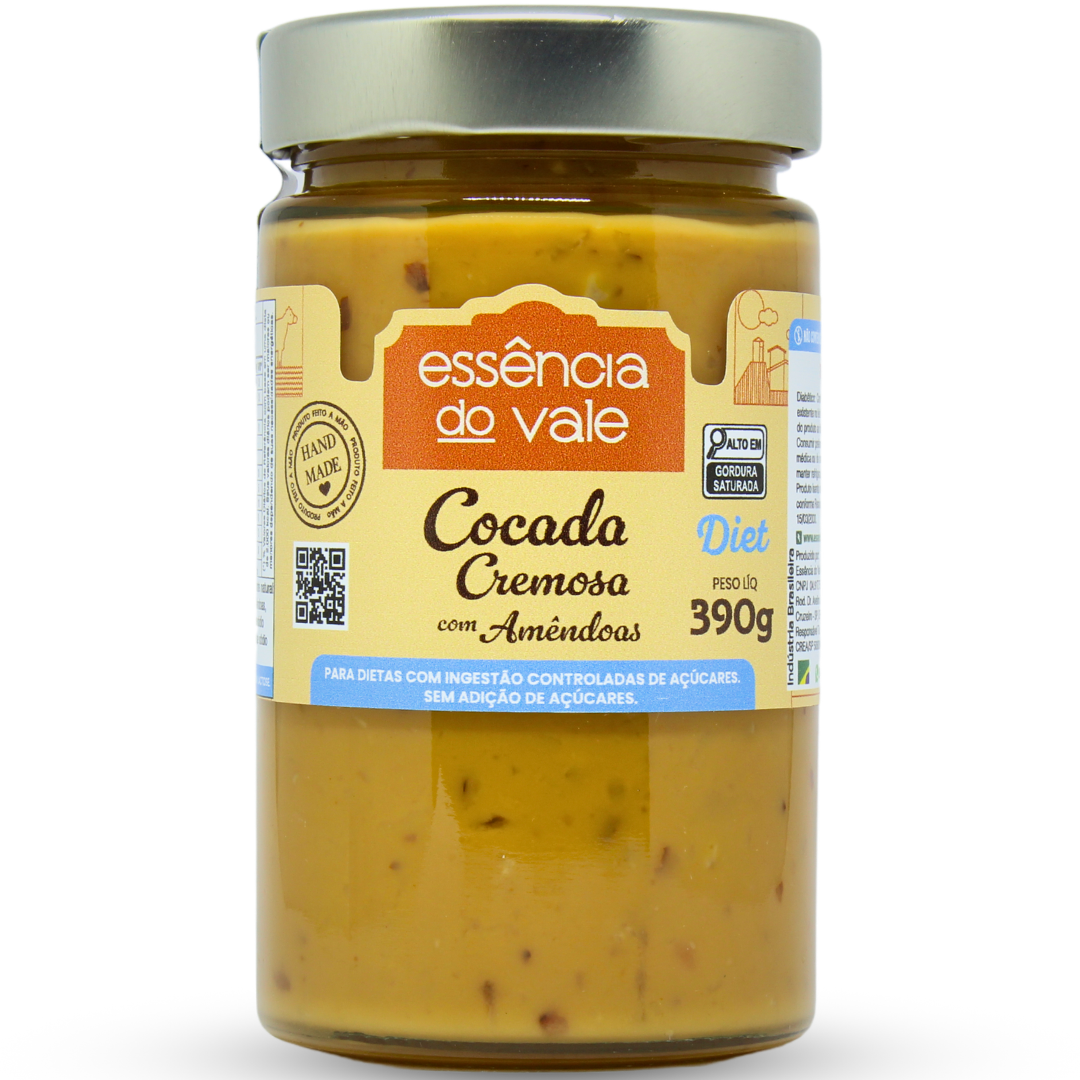 15562413862-cocada-com-amendoas-diet.png Cocada Cremosa com Amêndoas Diet Sem Adição de Açúcar Essência do Vale 390g - Imagem 1