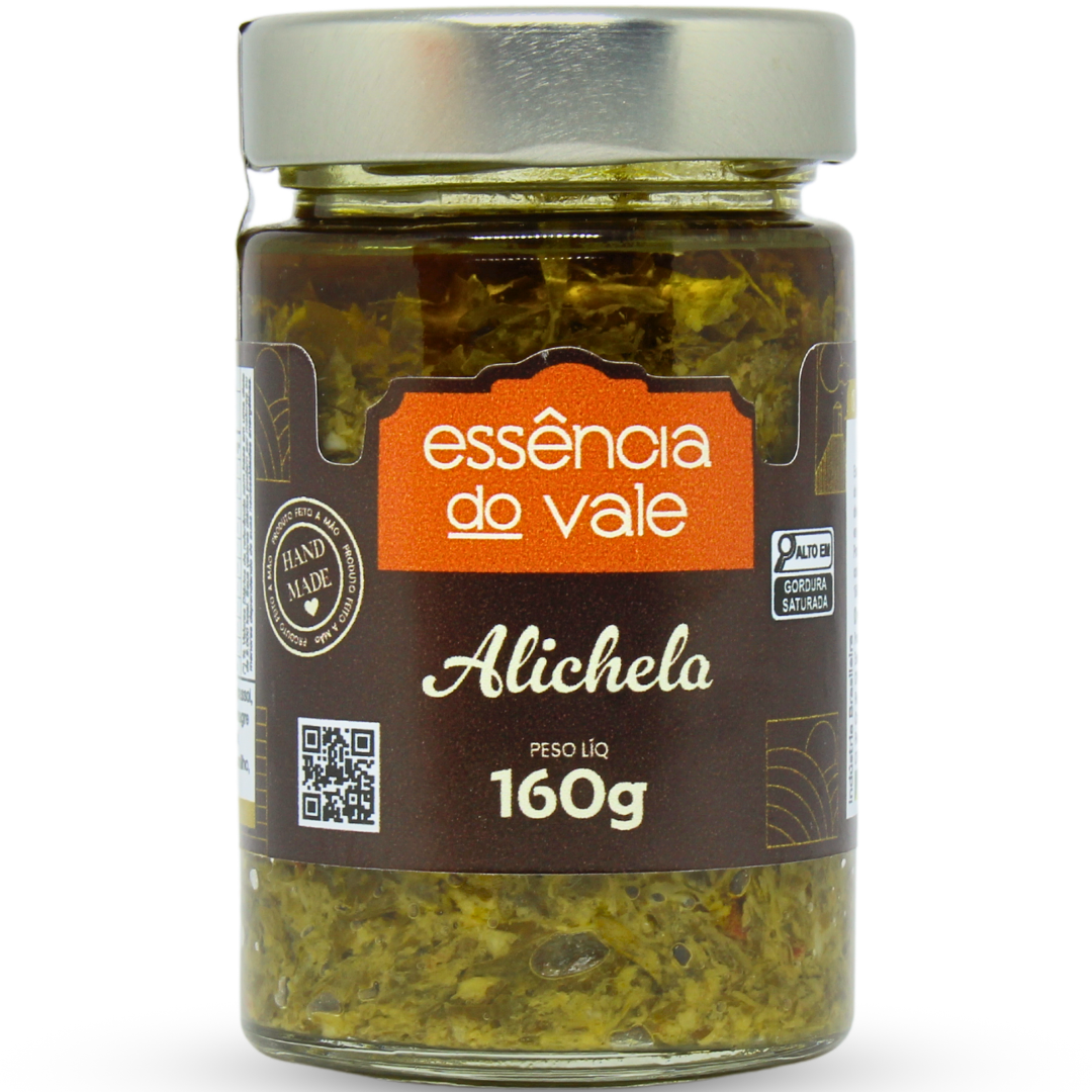 Alichela Antespato Pote de alichela para antepasto. Ingredientes: Salsinha, azeite de oliva, óleo de girassol, filé de sardinha anchovado, vinagre de maçã, alho e pimenta dedo de moça.